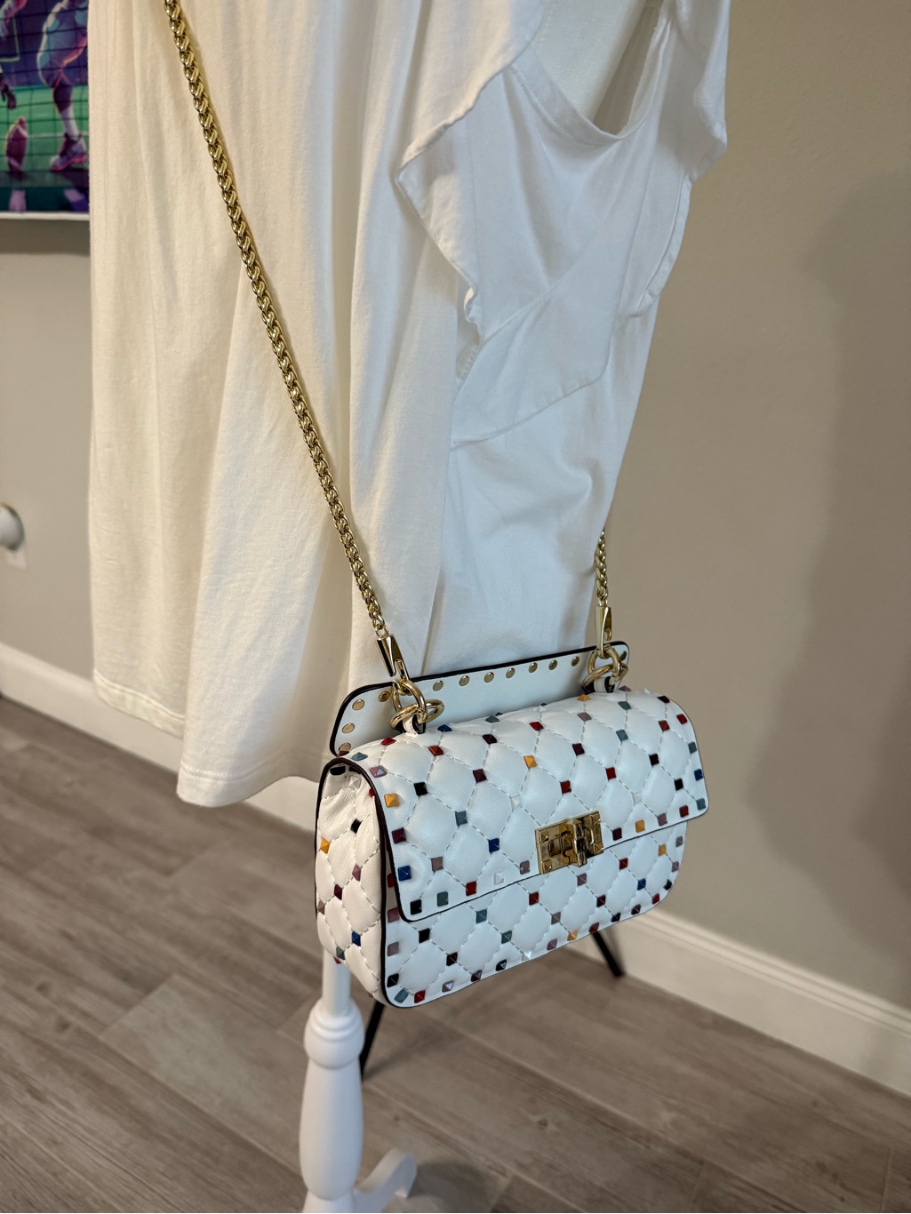 Tiffany And Fred Paris White Quilted Crossbody Bag With Multicolor Stud Accents — image 5 of 8